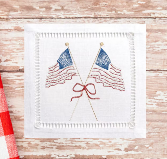 Vintage Bean Stitch American Flags with Bow Embroidery Design