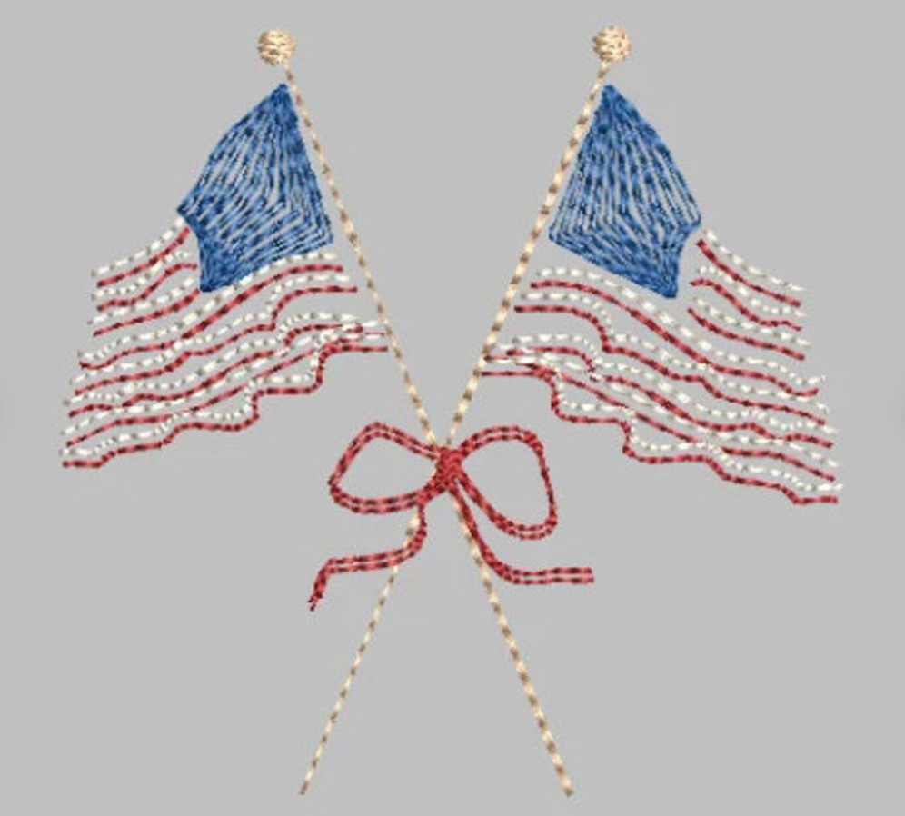 Vintage Bean Stitch American Flags with Bow Embroidery Design