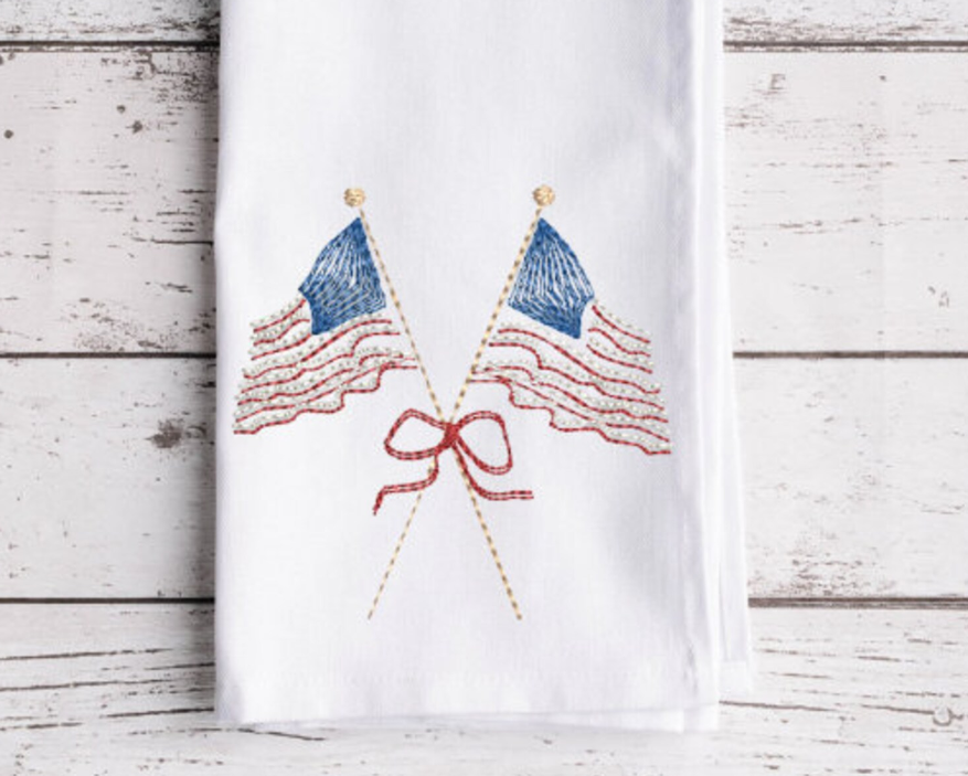 Vintage Bean Stitch American Flags with Bow Embroidery Design