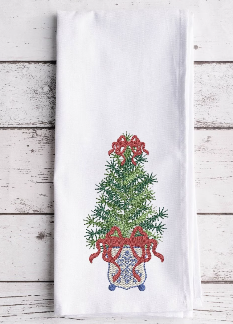 Chinoiserie Christmas Tree Embroidery Design with Ribbon