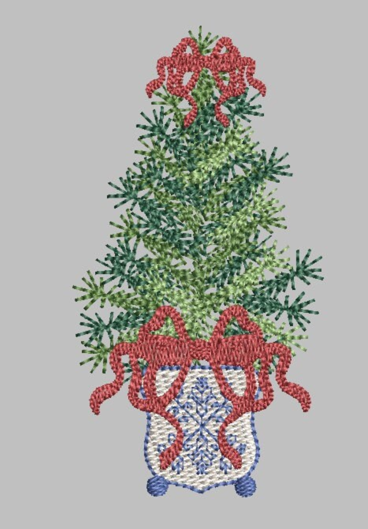 Chinoiserie Christmas Tree Embroidery Design with Ribbon