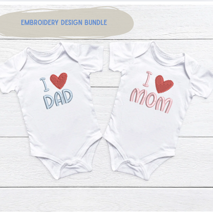 I heart mom, I heart dad embroidery design bundle for machine embroidery