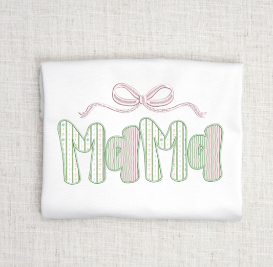 MAMA Applique Embroidery Design, Grandmillenial Font Style with Coquette Bow