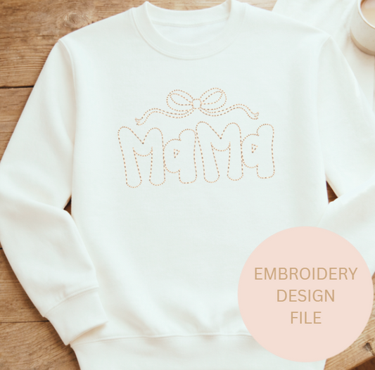 MAMA Embroidery Design, Grandmillenial Font Style with Coquette Bow, Outline Stitch File